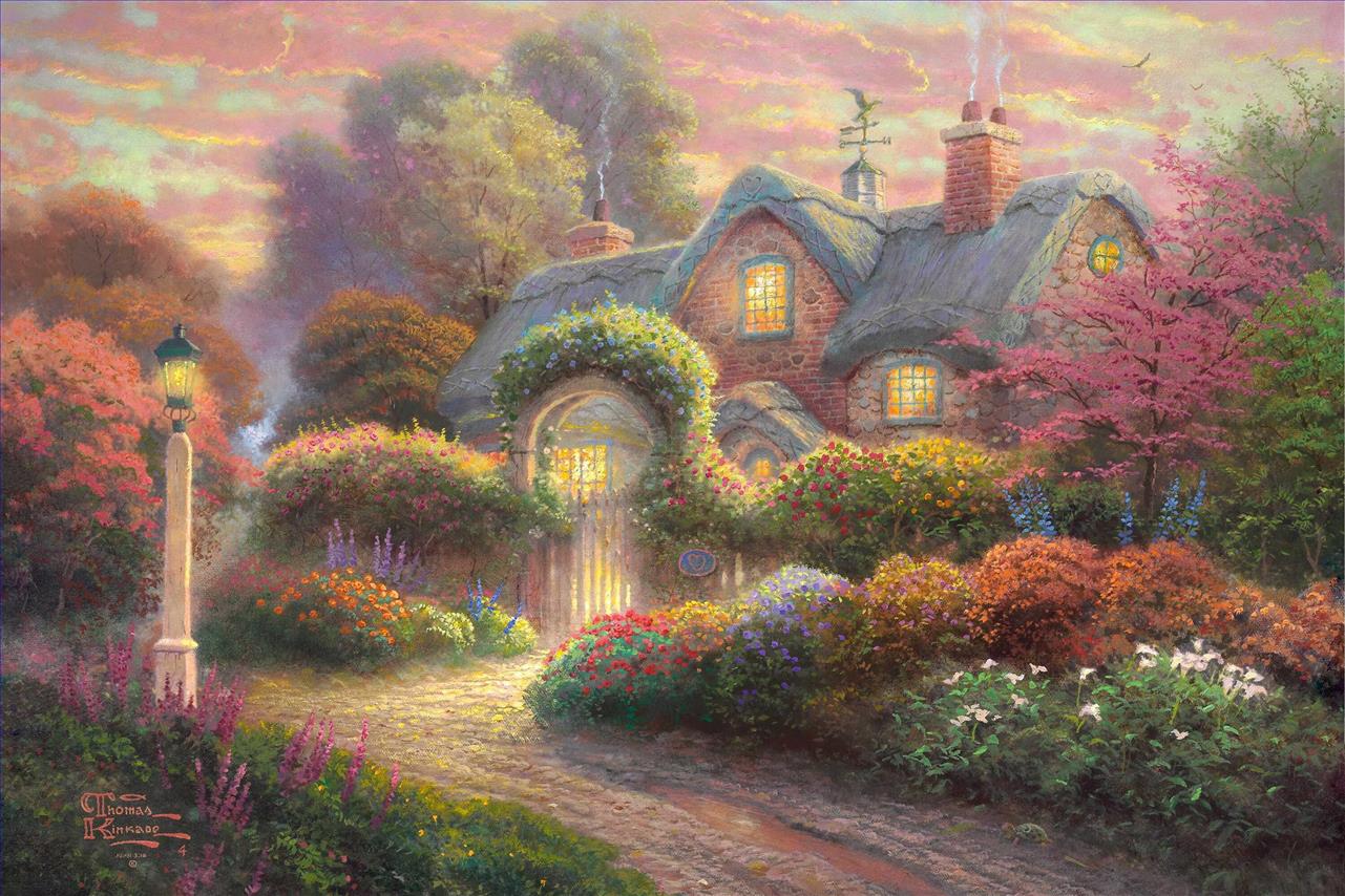 Rosebud Cottage Thomas Kinkade Peintures à l'huile